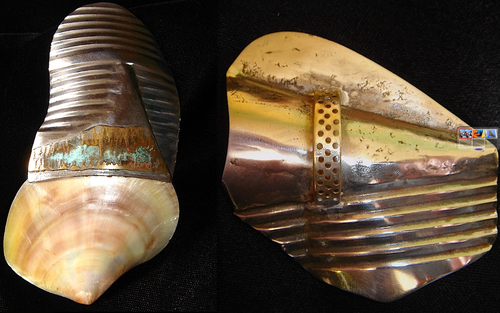 2 Broches, acier, cuivre, nacre